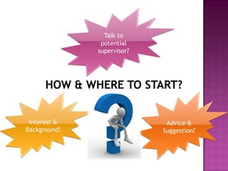 Interest &
Background?
Advice &
Suggestion?
Talk to
potential
supervisor?
 