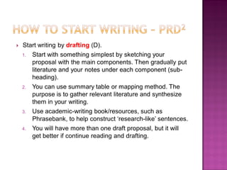  Start writing by drafting (D).
1. Start with something simplest by sketching your
proposal with the main components. Then gradually put
literature and your notes under each component (sub-
heading).
2. You can use summary table or mapping method. The
purpose is to gather relevant literature and synthesize
them in your writing.
3. Use academic-writing book/resources, such as
Phrasebank, to help construct ‗research-like‘ sentences.
4. You will have more than one draft proposal, but it will
get better if continue reading and drafting.
 