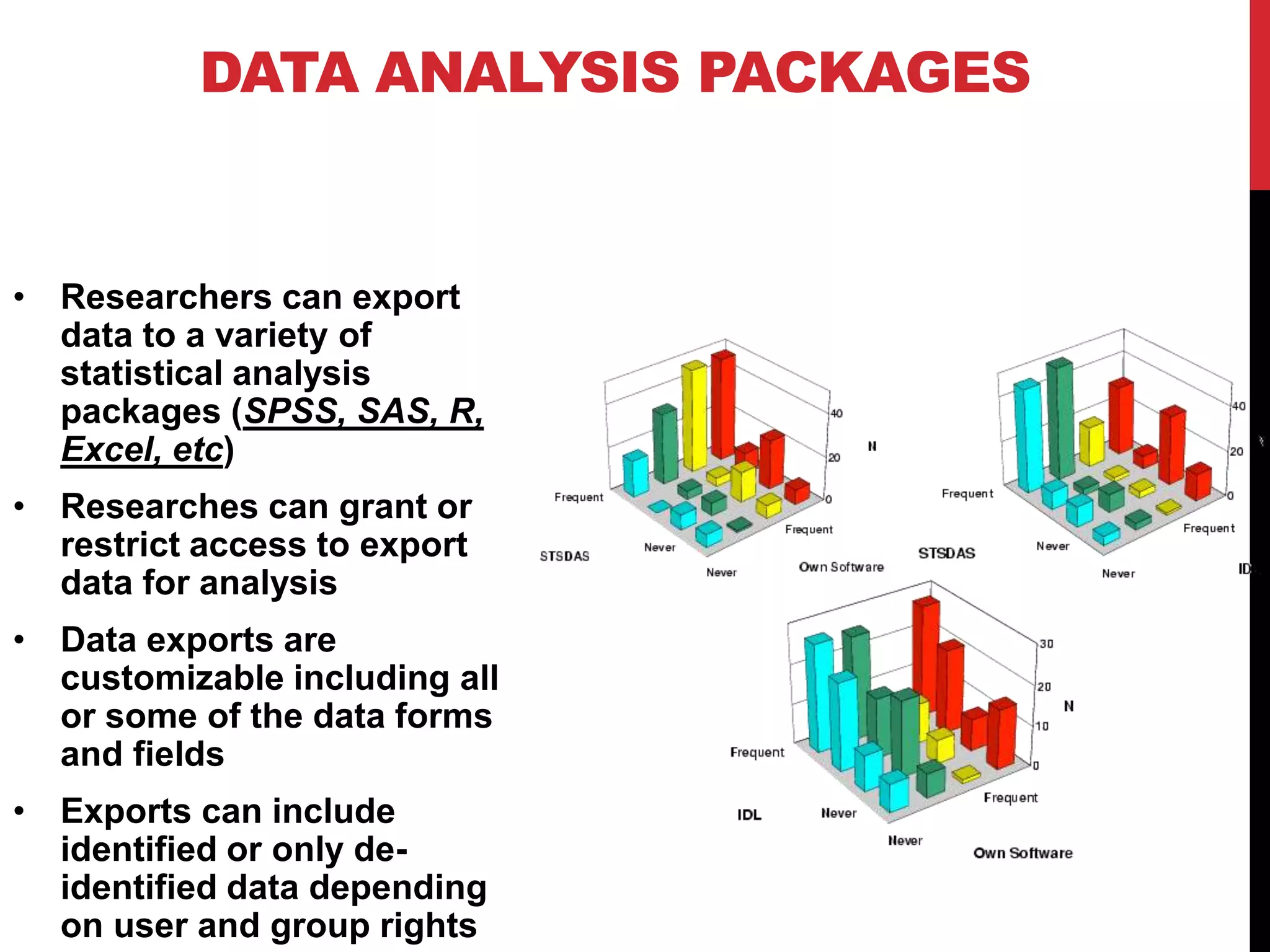 DATA ANALYSIS PACKAGES
• Researchers can export
data to a variety of
statistical analysis
packages (SPSS, SAS, R,
Excel, etc)
• Researches can grant or
restrict access to export
data for analysis
• Data exports are
customizable including all
or some of the data forms
and fields
• Exports can include
identified or only de-
identified data depending
on user and group rights
 