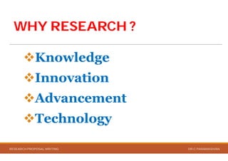 WHY RESEARCH ?WHY RESEARCH ?
Knowledge
Innovation
Advancement
Technology
RESEARCH PROPOSAL WRITING
WHY RESEARCH ?WHY RESEARCH ?
Advancement
Technology
DR.C.PARAMASIVAN
 
