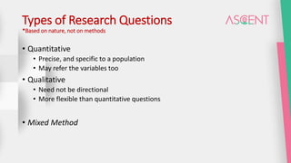 Types of Research Questions
*Based on nature, not on methods
• Quantitative
• Precise, and specific to a population
• May refer the variables too
• Qualitative
• Need not be directional
• More flexible than quantitative questions
• Mixed Method
 
