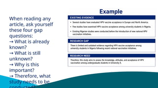 When reading any
article, ask yourself
these four gap
questions:
→ What is already
known?
→ What is still
unknown?
→ Why is this
important?
→ Therefore, what
study needs to be
 