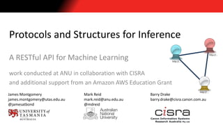 psikit.net
github.com/psi-project
Protocols and Structures for Inference
A RESTful API for Machine Learning
work conducted at ANU in collaboration with CISRA
and additional support from an Amazon AWS Education Grant
James Montgomery
james.montgomery@utas.edu.au
@jamesatbond
Mark Reid
mark.reid@anu.edu.au
@mdreid
Barry Drake
barry.drake@cisra.canon.com.au
http://...
http://...
http://...
 