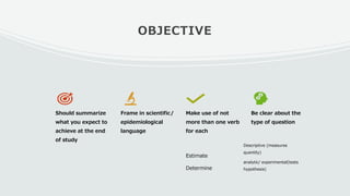 OBJECTIVE
Should summarize
what you expect to
achieve at the end
of study
Frame in scientific/
epidemiological
language
Make use of not
more than one verb
for each
Estimate
Determine
Be clear about the
type of question
Descriptive (measures
quantity)
analytic/ experimental(tests
hypothesis)
 
