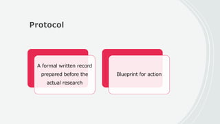 Protocol
A formal written record
prepared before the
actual research
Blueprint for action
 