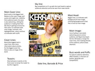 Sky line:
                                         Big competition so it’s up with the mast head to capture
                                         audiences attention and to be seen from news stands

Main Cover Line:
Band name is the biggest text.
Relates to the cover image, pull                                                            Mast Head:
quote and insight into celebrity                                                            Biggest text, co-ordinates with
that audiences want, her pose                                                               background of main image,
is also welcoming , letting the                                                             contrasting background to text.
audience in making them feel                                                                Text in front of main image.
like they’re getting to know her.
Text colour co-ordinates with
main image, contrasts, and
highlighted text colour and font                                                              Main Image:
co-ordinates with outfit.                                                                     Use of yellow is very bold,
                                                                                              welcoming pose to entice
                                                                                              audience, and figure leaning to
                                                                                              the her left leaves a margin for
Cover Lines:                                                                                  cover lines, she’s looking directly
Band titles biggest text in                                                                   at the audience, which draws
cover lines, then more                                                                        attention.
information about articles,
for the biggest cover line
there is also an image of the
band.
                                                                                              Buzz words and Puffs:
                                                                                              To capture audience attention,
                                                                                              offers freebies, in the form of
    Teasers:                                                                                  posters, gig guide and
    Short phrases or words on the                                                             competitions.
    front cover to tempt the reader to
    but the magazine
                                             Date line, Barcode & Price
 