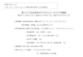 ＜参画機関＞東西学術研究所（関西大学アジア・オープン・リサーチセンター）
総合図書館、 博物館、なにわ大阪研究センター
＜研究実施体制＞総勢２８名の研究者、３つの研究ユニット、７つのパイロットユニット
・外国語学部 ４名、文学部 １５名
・総合情報学部 １名、システム理工学部 １名
・他大学・他機関 ３名
・特任准教授 １名、PD ２名、RA１名、客員研究員 １名
＜事業期間＞2017年度〜2021年度の５年間
＜研究プロジェクト総額＞ ３３４,５５２千円（予定）
内、広報普及費は１５％程度
研究プロジェクト
『オープン・プラットフォームが開く関大の東アジア文化研究』
研究リソースのオープン、研究グループのオープン、研究ノウハウのオープン
東アジア文化研究のデジタルアーカイブの構築
 