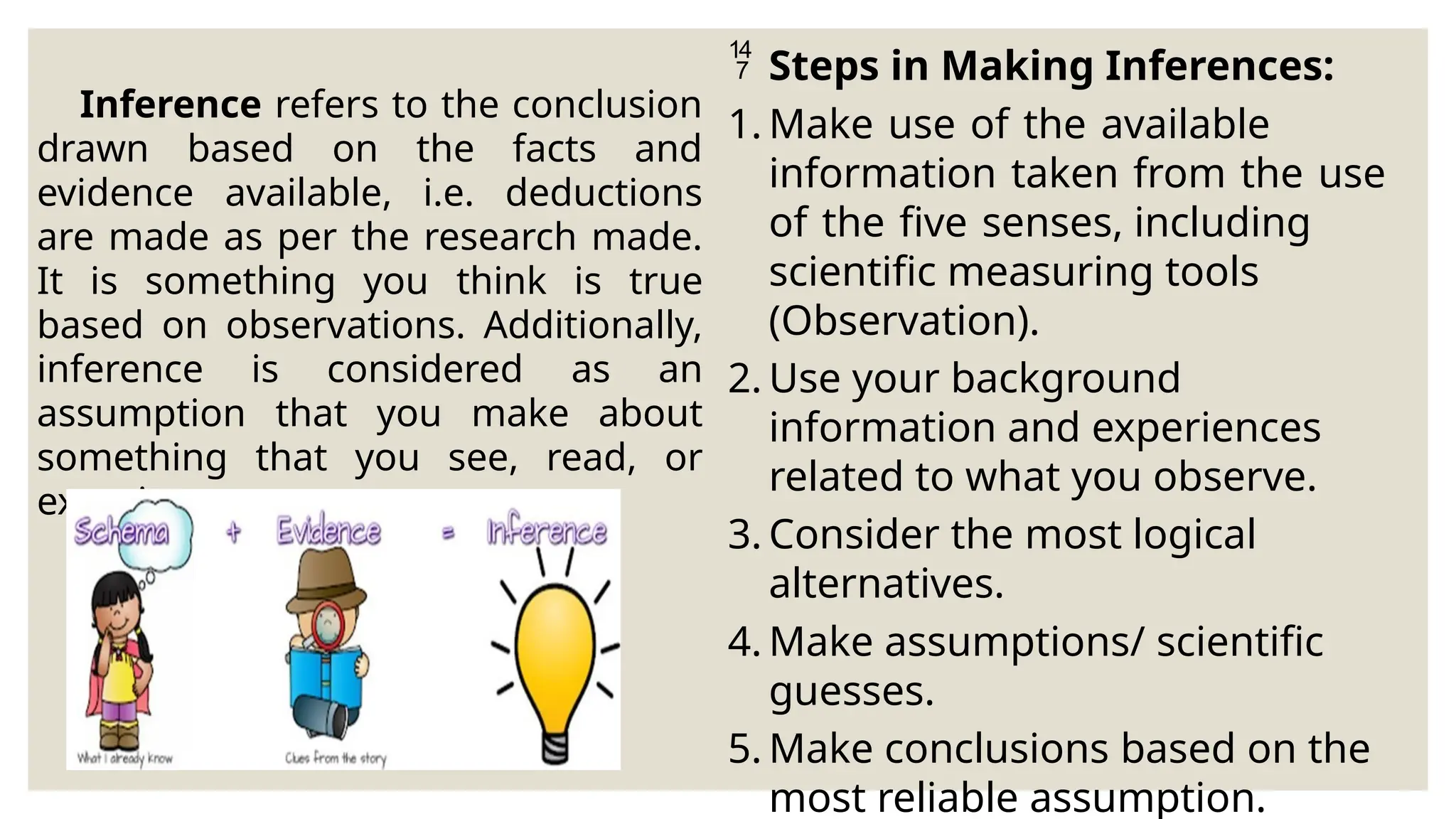 Inference refers to the conclusion
drawn based on the facts and
evidence available, i.e. deductions
are made as per the research made.
It is something you think is true
based on observations. Additionally,
inference is considered as an
assumption that you make about
something that you see, read, or
experience.
 Steps in Making Inferences:
1. Make use of the available
information taken from the use
of the five senses, including
scientific measuring tools
(Observation).
2. Use your background
information and experiences
related to what you observe.
3. Consider the most logical
alternatives.
4. Make assumptions/ scientific
guesses.
5. Make conclusions based on the
most reliable assumption.
 