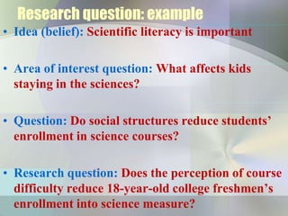 Research question: example
• Idea (belief): Scientific literacy is important

• Area of interest question: What affects kids
  staying in the sciences?

• Question: Do social structures reduce students’
  enrollment in science courses?

• Research question: Does the perception of course
  difficulty reduce 18-year-old college freshmen’s
  enrollment into science measure?
 