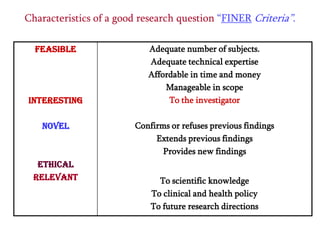 Characteristics of a good research question “FINER Criteria”.
Feasible

Interesting
Novel

Ethical
Relevant

Adequate number of subjects.
Adequate technical expertise
Affordable in time and money
Manageable in scope
To the investigator
Confirms or refuses previous findings
Extends previous findings
Provides new findings
To scientific knowledge
To clinical and health policy
To future research directions

 