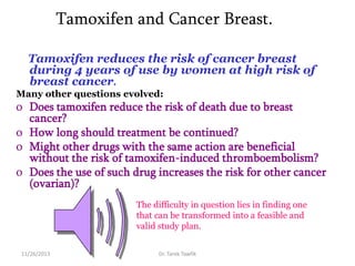 Tamoxifen and Cancer Breast.
Tamoxifen reduces the risk of cancer breast
during 4 years of use by women at high risk of
breast cancer.
Many other questions evolved:

o Does tamoxifen reduce the risk of death due to breast
cancer?
o How long should treatment be continued?
o Might other drugs with the same action are beneficial
without the risk of tamoxifen-induced thromboembolism?
o Does the use of such drug increases the risk for other cancer
(ovarian)?
The difficulty in question lies in finding one
that can be transformed into a feasible and
valid study plan.
11/26/2013

Dr. Tarek Tawfik

 