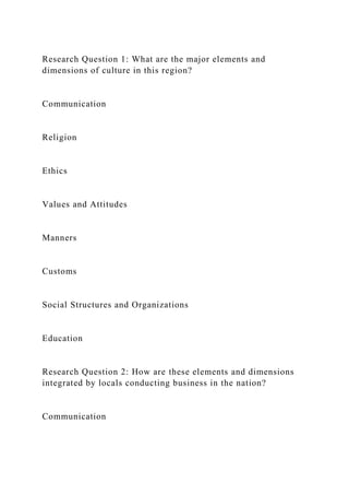 Research Question 1: What are the major elements and
dimensions of culture in this region?
Communication
Religion
Ethics
Values and Attitudes
Manners
Customs
Social Structures and Organizations
Education
Research Question 2: How are these elements and dimensions
integrated by locals conducting business in the nation?
Communication
 