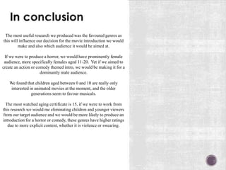 The most useful research we produced was the favoured genres as 
this will influence our decision for the movie introduction we would 
make and also which audience it would be aimed at. 
If we were to produce a horror, we would have prominently female 
audience, more specifically females aged 11-20. Yet if we aimed to 
create an action or comedy themed intro, we would be making it for a 
dominantly male audience. 
We found that children aged between 0 and 10 are really only 
interested in animated movies at the moment, and the older 
generations seem to favour musicals. 
The most watched aging certificate is 15, if we were to work from 
this research we would me eliminating children and younger viewers 
from our target audience and we would be more likely to produce an 
introduction for a horror or comedy, these genres have higher ratings 
due to more explicit content, whether it is violence or swearing. 
