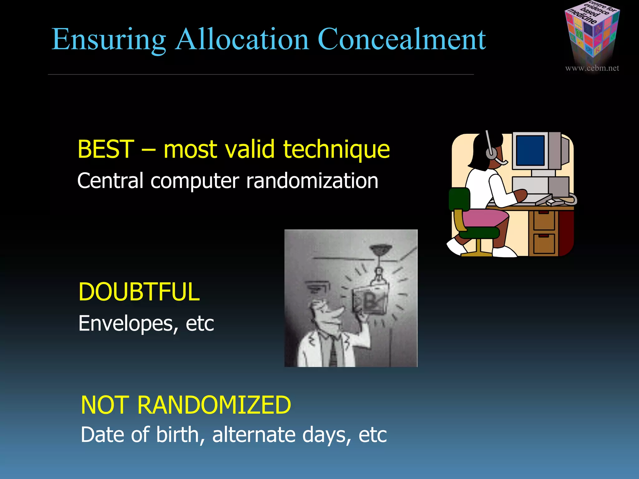 www.cebm.net
Ensuring Allocation Concealment
BEST – most valid technique
Central computer randomization
DOUBTFUL
Envelopes, etc
NOT RANDOMIZED
Date of birth, alternate days, etc
 