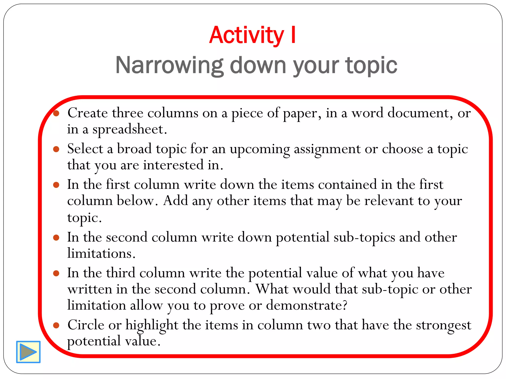 Activity I
Narrowing down your topic
● Create three columns on a piece of paper, in a word document, or
in a spreadsheet.
● Select a broad topic for an upcoming assignment or choose a topic
that you are interested in.
● In the first column write down the items contained in the first
column below. Add any other items that may be relevant to your
topic.
● In the second column write down potential sub-topics and other
limitations.
● In the third column write the potential value of what you have
written in the second column. What would that sub-topic or other
limitation allow you to prove or demonstrate?
● Circle or highlight the items in column two that have the strongest
potential value.
 