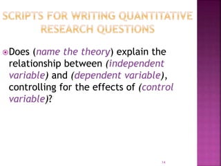 Does (name the theory) explain the
relationship between (independent
variable) and (dependent variable),
controlling for the effects of (control
variable)?
14
 