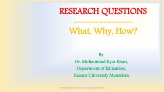 RESEARCH QUESTIONS
--------------
What, Why, How?
By
Dr. Muhammad Ilyas Khan,
Department of Education,
Hazara University Mansehra
Dr. Muhammad Ilyas Khan, Hazara University Mansehra
 