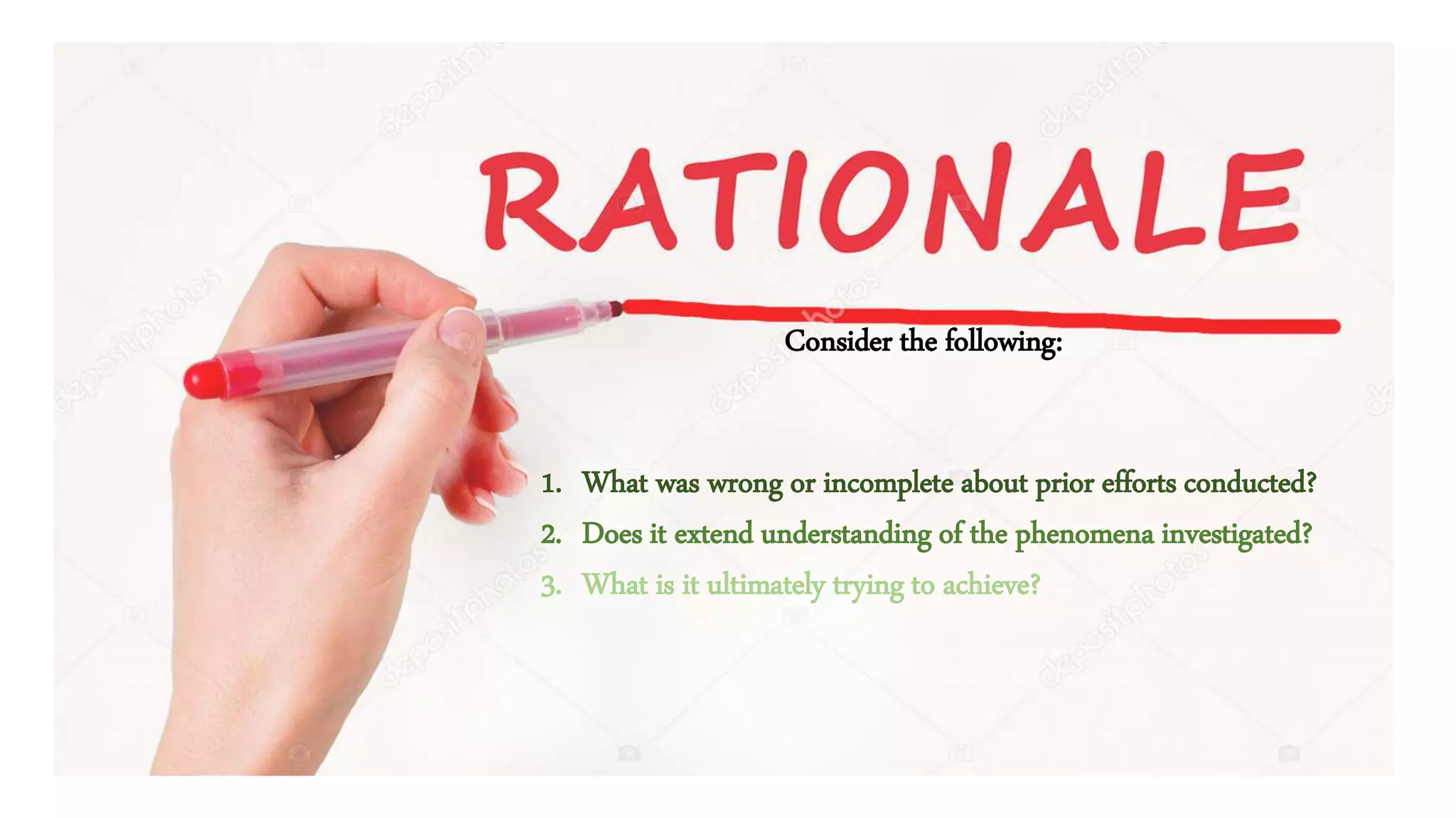 1. What was wrong or incomplete about prior efforts conducted?
2. Does it extend understanding of the phenomena investigated?
3. What is it ultimately trying to achieve?
Consider the following:
 