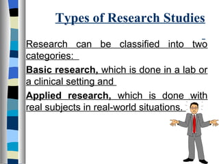 Types of Research Studies
Research can be classified into two
categories:
Basic research, which is done in a lab or
a clinical setting and
Applied research, which is done with
real subjects in real-world situations.
 