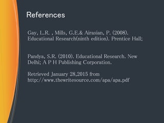References
Gay, L.R. , Mills, G.E.& Airasian, P. (2008).
Educational Research(ninth edition). Prentice Hall;
Pandya, S.R. (2010). Educational Research. New
Delhi; A P H Publishing Corporation.
Retrieved January 28,2015 from
http://www.thewritesource.com/apa/apa.pdf
 
