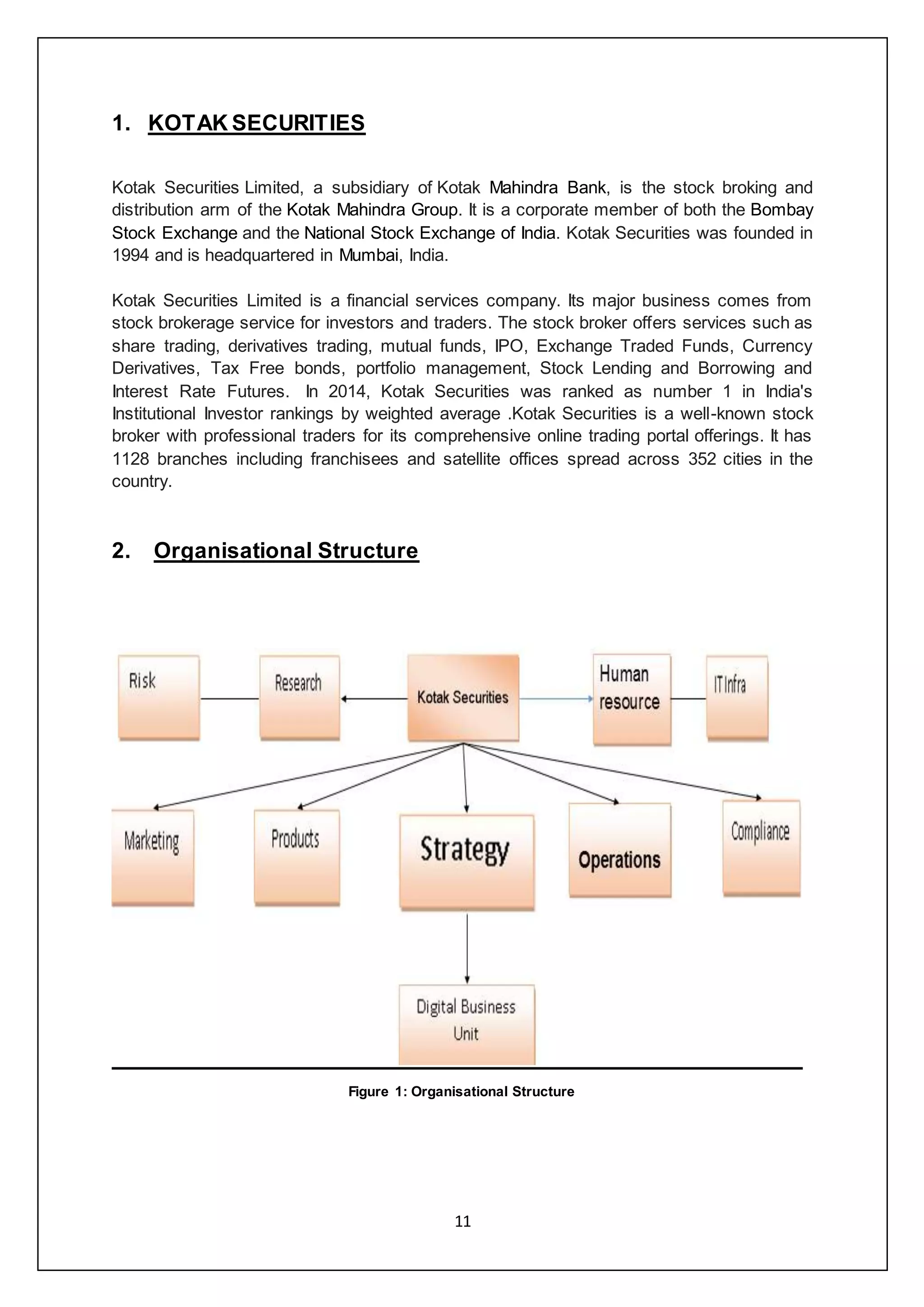 11
1. KOTAK SECURITIES
Kotak Securities Limited, a subsidiary of Kotak Mahindra Bank, is the stock broking and
distribution arm of the Kotak Mahindra Group. It is a corporate member of both the Bombay
Stock Exchange and the National Stock Exchange of India. Kotak Securities was founded in
1994 and is headquartered in Mumbai, India.
Kotak Securities Limited is a financial services company. Its major business comes from
stock brokerage service for investors and traders. The stock broker offers services such as
share trading, derivatives trading, mutual funds, IPO, Exchange Traded Funds, Currency
Derivatives, Tax Free bonds, portfolio management, Stock Lending and Borrowing and
Interest Rate Futures. In 2014, Kotak Securities was ranked as number 1 in India's
Institutional Investor rankings by weighted average .Kotak Securities is a well-known stock
broker with professional traders for its comprehensive online trading portal offerings. It has
1128 branches including franchisees and satellite offices spread across 352 cities in the
country.
2. Organisational Structure
Figure 1: Organisational Structure
 