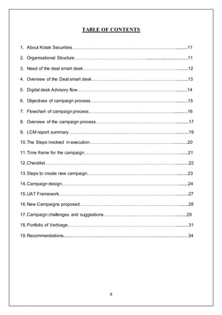 8
TABLE OF CONTENTS
1. About Kotak Securities……………………………………………………………...........11
2. Organisational Structure…………………………………………..................................11
3. Need of the deal smart desk………………………………………………………..........12
4. Overview of the Deal smart desk…………………………………………………..........13
5. Digital desk Advisory flow…………………………………………………………..........14
6. Objectives of campaign process…………………………………………………...........15
7. Flowchart of campaign process…………………………………………………............16
8. Overview of the campaign process………………………………………………...........17
9. LCM report summary………………………………………………………………...........19
10.The Steps involved in execution…………………………………………………...........20
11.Time frame for the campaign……………………………………………………….........21
12.Checklist……………………………………………………………………………............22
13.Steps to create new campaign……………………………………………………..........23
14.Campaign design…………………………………………………………………….........24
15.UAT Framework……………………………………………………………………...........27
16.New Campaigns proposed………………………………………………………….........28
17.Campaign challenges and suggestions…………………………………………..........29
18.Portfolio of Verbiage………………………………………………………………............31
19.Recommendations.....................................................................................................34
 