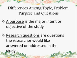  A purpose is the major intent or
objective of the study.
Differences Among Topic, Problem,
Purpose and Questions
 Research questions are questions
the researcher would like
answered or addressed in the
study.
 
