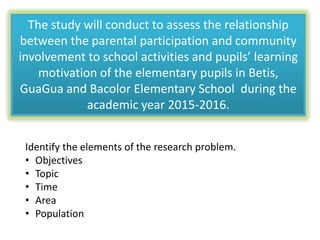 The study will conduct to assess the relationship
between the parental participation and community
involvement to school activities and pupils’ learning
motivation of the elementary pupils in Betis,
GuaGua and Bacolor Elementary School during the
academic year 2015-2016.
Identify the elements of the research problem.
• Objectives
• Topic
• Time
• Area
• Population
 