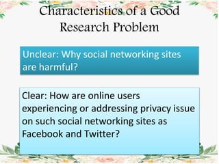 Characteristics of a Good
Research Problem
Unclear: Why social networking sites
are harmful?
Clear: How are online users
experiencing or addressing privacy issue
on such social networking sites as
Facebook and Twitter?
 