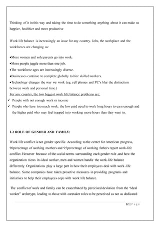 12 | P a g e
Thinking of it in this way and taking the time to do something anything about it can make us
happier, healthier and more productive
Work life balance is increasingly an issue for any country. Jobs, the workplace and the
workforces are changing as:
More women and sole parents go into work.
More people juggle more than one job.
The workforce ages are increasingly diverse.
Businesses continue to complete globally to hire skilled workers.
Technology changes the way we work (eg: cell phones and PC’s blur the distinction
between work and personal time.)
For any country, the two biggest work life balance problems are:
 People with not enough work or income
 People who have too much work: the low paid need to work long hours to earn enough and
the higher paid who may feel trapped into working more hours than they want to.
1.2 ROLE OF GENDER AND FAMILY:
Work life conflict is not gender specific. According to the center for American progress,
90percentage of working mothers and 95percentage of working fathers report work-life
conflict. However because of the social norms surrounding each gender role ,and how the
organization views its ideal worker, men and women handle the work-life balance
differently. Organizations play a large part in how their employees deal with work-life
balance. Some companies have taken proactive measures in providing programs and
initiatives to help their employees cope with work life balance.
The conflict of work and family can be exacerbated by perceived deviation from the “ideal
worker” archetype, leading to those with caretaker roles to be perceived as not as dedicated
 