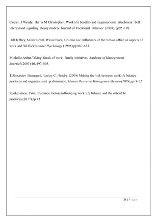 24 | P a g e
Casper. J Wendy, Harris M Christopher. Work life benefits and organizational attachment: Self
interest and signaling theory models. Journal of Vocational Behavior (2008), pp95-109.
Hill Jeffrey, Miller Brent, Weiner Sara, Colihan Joe. Influences of the virtual office on aspects of
work and WLB.Personnel Psychology (1998) pp 667-683.
Michelle Arthur.Taking Stock of work- family initiatives Academy of Management
Journal,(2003) 46, 497-505.
T.Alexander Beaurgard, Lesley C. Hendry (2009) Making the link between worklife balance
practices and organizational performance. Human Resource Management Review(2009),pp 9-22
Ruokolainen, Paivi, Common factors influencing work life balance and the role of hr
practices.(2017) pp 43
 