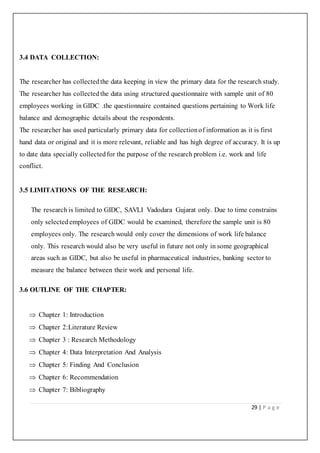 29 | P a g e
3.4 DATA COLLECTION:
The researcher has collectedthe data keeping in view the primary data for the research study.
The researcher has collectedthe data using structured questionnaire with sample unit of 80
employees working in GIDC .the questionnaire contained questions pertaining to Work life
balance and demographic details about the respondents.
The researcher has used particularly primary data for collectionof information as it is first
hand data or original and it is more relevant, reliable and has high degree of accuracy. It is up
to date data specially collectedfor the purpose of the research problem i.e. work and life
conflict.
3.5 LIMITATIONS OF THE RESEARCH:
The research is limited to GIDC, SAVLI Vadodara Gujarat only. Due to time constrains
only selectedemployees of GIDC would be examined, therefore the sample unit is 80
employees only. The research would only cover the dimensions of work life balance
only. This research would also be very useful in future not only in some geographical
areas such as GIDC, but also be useful in pharmaceutical industries, banking sector to
measure the balance between their work and personal life.
3.6 OUTLINE OF THE CHAPTER:
 Chapter 1: Introduction
 Chapter 2:Literature Review
 Chapter 3 : Research Methodology
 Chapter 4: Data Interpretation And Analysis
 Chapter 5: Finding And Conclusion
 Chapter 6: Recommendation
 Chapter 7: Bibliography
 