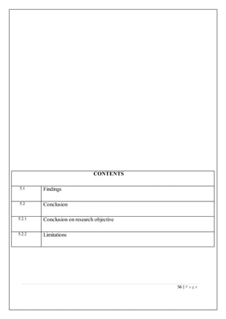 56 | P a g e
CONTENTS
5.1 Findings
5.2 Conclusion
5.2.1 Conclusion on research objective
5.2.2 Limitations
 