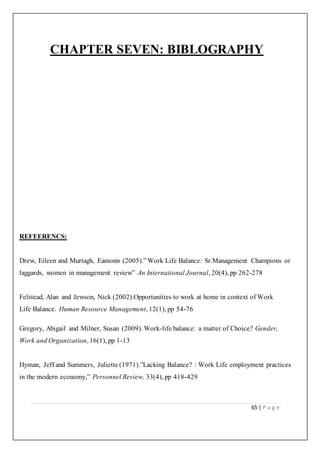 65 | P a g e
CHAPTER SEVEN: BIBLOGRAPHY
REFEERENCS:
Drew, Eileen and Murtagh, Eamonn (2005).”Work Life Balance: Sr.Management Champions or
laggards, women in management review” An International Journal, 20(4), pp 262-278
Felstead, Alan and Jewson, Nick (2002).Opportunities to work at home in context of Work
Life Balance. Human Resource Management, 12(1), pp 54-76
Gregory, Abigail and Milner, Susan (2009). Work-life balance: a matter of Choice? Gender,
Work and Organization, 16(1), pp 1-13
Hyman, Jeff and Summers, Juliette (1971).”Lacking Balance? : Work Life employment practices
in the modern economy,” Personnel Review, 33(4), pp 418-429
 