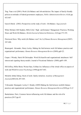 66 | P a g e
Ting, Yuan et al (2001). Work Life Balance and Job satisfaction: The impact of family friendly
policies on attitudes of federal government employees, Public Administration Review, 61(4), pp
452-467
Guest.E.David. (2002) .Perspectives on the study of work –life Balance. Sage journals
White Michael, Hill Stephen, Mills Colin.’ High –performance’ Management Practices, Working
Hours and Work life Balance, British Journal of Industrial Relations, 41(2),pp 175-195.
Fleetwood Steve. Why work-Life Balance now? Int.J of Human Resource Management (2007)
387-400.
Beauregard. Alexander, Henry Lesley. Making the link between work life balance practices and
organizational performance. Human Resource Management Review (2009), pp9-22.
Casper. J Wendy, Harris M Christopher. Work life benefits and organizational attachment: Self
interest and signaling theory models. Journal of Vocational Behavior (2008), pp95-109.
Hill Jeffrey, Miller Brent, Weiner Sara, Colihan Joe. Influences of the virtual office on aspects of
work and WLB.Personnel Psychology (1998) pp 667-683.
Michelle Arthur.Taking Stock of work- family initiatives Academy of Management
Journal,(2003) 46, 497-505.
T.Alexander Beaurgard, Lesley C. Hendry (2009) Making the link between worklife balance
practices and organizational performance. Human Resource Management Review(2009),pp 9-22
Ruokolainen, Paivi, Common factors influencing work life balance and the role of hr
practices.(2017) pp 43
 