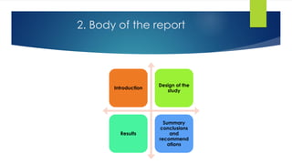 2. Body of the report
Introduction
Design of the
study
Results
Summary
conclusions
and
recommend
ations
 