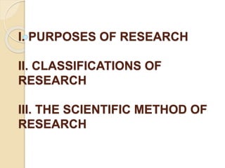 I. PURPOSES OF RESEARCH 
II. CLASSIFICATIONS OF 
RESEARCH 
III. THE SCIENTIFIC METHOD OF 
RESEARCH 
 