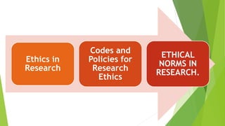 Ethics in
Research
Codes and
Policies for
Research
Ethics
ETHICAL
NORMS IN
RESEARCH.
 