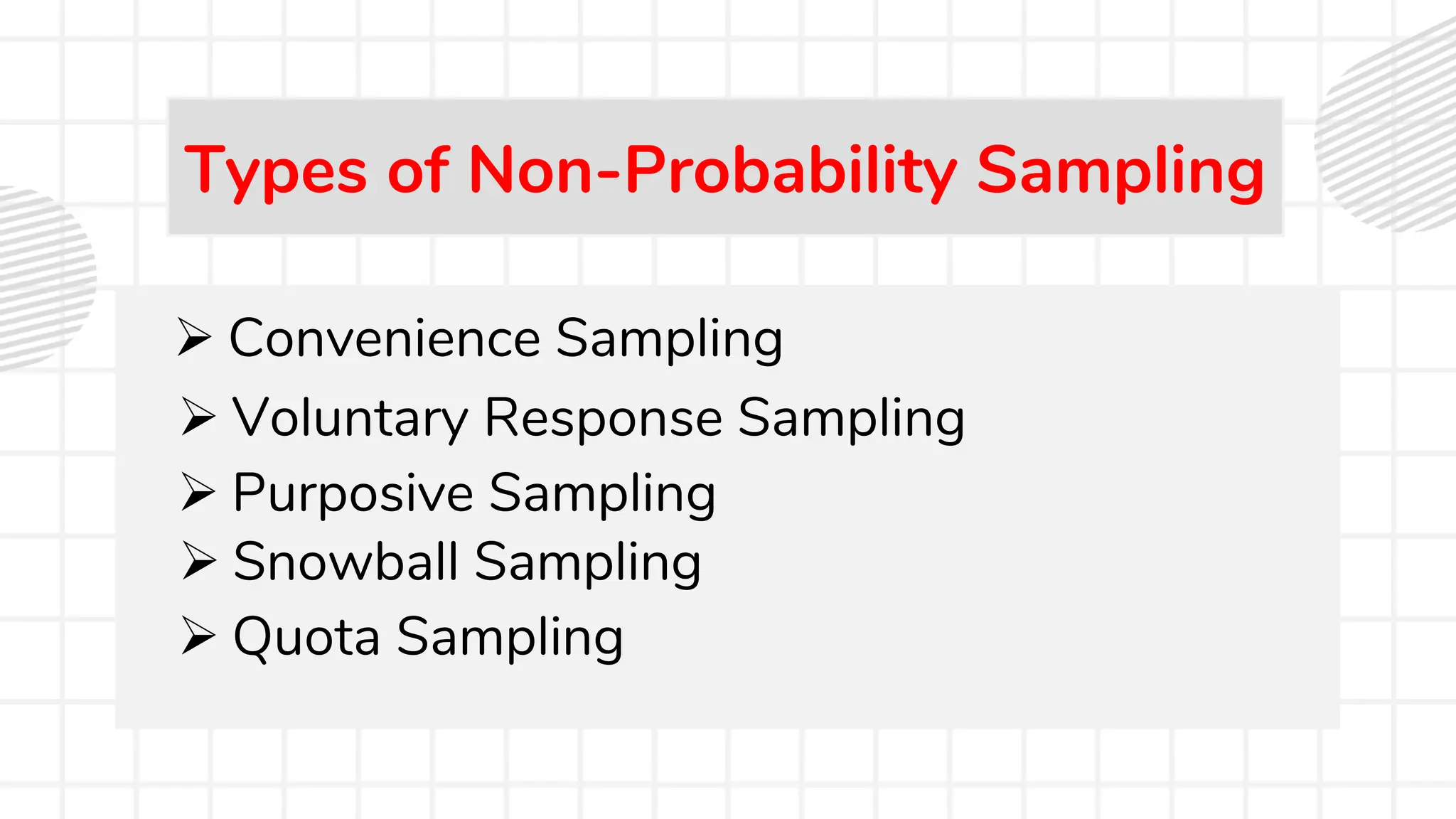 Types of Non-Probability Sampling
 Convenience Sampling
 Purposive Sampling
 Voluntary Response Sampling
 Snowball Sampling
 Quota Sampling
 