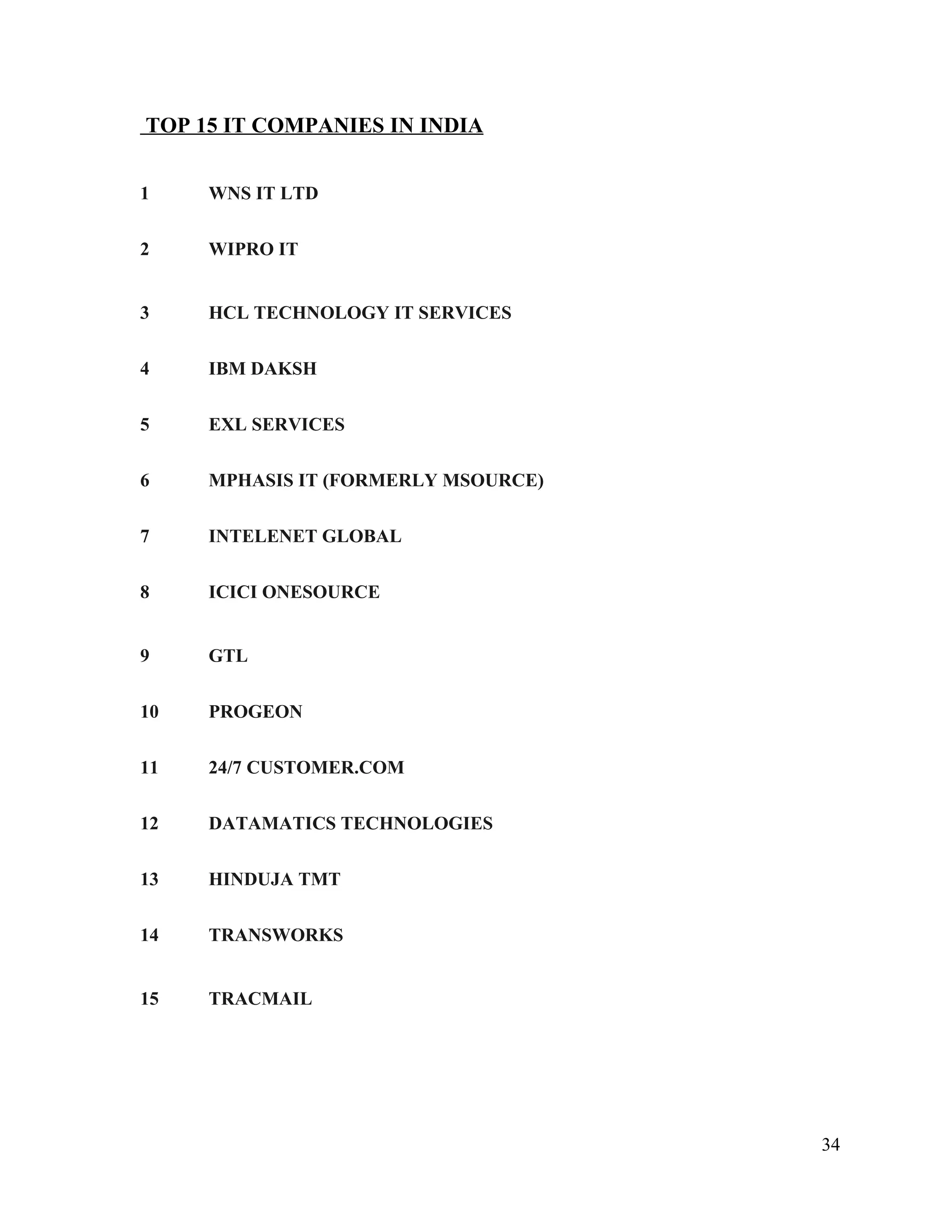 TOP 15 IT COMPANIES IN INDIA
34
1 WNS IT LTD
2 WIPRO IT
3 HCL TECHNOLOGY IT SERVICES
4 IBM DAKSH
5 EXL SERVICES
6 MPHASIS IT (FORMERLY MSOURCE)
7 INTELENET GLOBAL
8 ICICI ONESOURCE
9 GTL
10 PROGEON
11 24/7 CUSTOMER.COM
12 DATAMATICS TECHNOLOGIES
13 HINDUJA TMT
14 TRANSWORKS
15 TRACMAIL
 