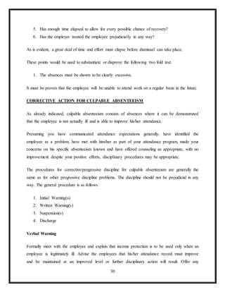 30
5. Has enough time elapsed to allow for every possible chance of recovery?
6. Has the employer treated the employee prejudicially in any way?
As is evident, a great deal of time and effort must elapse before dismissal can take place.
These points would be used to substantiate or disprove the following two fold test.
1. The absences must be shown to be clearly excessive.
It must be proven that the employee will be unable to attend work on a regular basis in the future.
CORRECTIVE ACTION FOR CULPABLE ABSENTEEISM
As already indicated, culpable absenteeism consists of absences where it can be demonstrated
that the employee is not actually ill and is able to improve his/her attendance.
Presuming you have communicated attendance expectations generally, have identified the
employee as a problem, have met with him/her as part of your attendance program, made your
concerns on his specific absenteeism known and have offered counseling as appropriate, with no
improvement despite your positive efforts, disciplinary procedures may be appropriate.
The procedures for corrective/progressive discipline for culpable absenteeism are generally the
same as for other progressive discipline problems. The discipline should not be prejudicial in any
way. The general procedure is as follows:
1. Initial Warning(s)
2. Written Warning(s)
3. Suspension(s)
4. Discharge
Verbal Warning
Formally meet with the employee and explain that income protection is to be used only when an
employee is legitimately ill. Advise the employees that his/her attendance record must improve
and be maintained at an improved level or further disciplinary action will result. Offer any
 