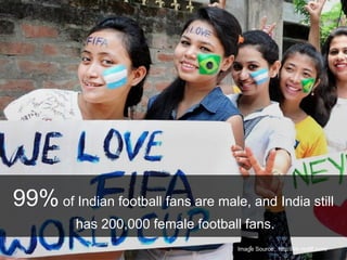 99% of Indian football fans are male, and India still
has 200,000 female football fans.
Image Source: http://im.rediff.com/
 