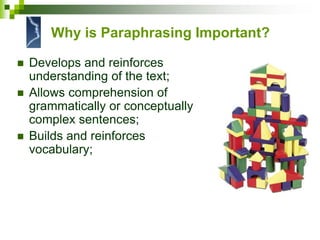  Develops and reinforces
understanding of the text;
 Allows comprehension of
grammatically or conceptually
complex sentences;
 Builds and reinforces
vocabulary;
Why is Paraphrasing Important?
 