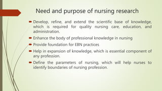 Need and purpose of nursing research
 Develop, refine, and extend the scientific base of knowledge,
which is required for quality nursing care, education, and
administration.
 Enhance the body of professional knowledge in nursing
 Provide foundation for EBN practices
 Help in expansion of knowledge, which is essential component of
any profession.
 Define the parameters of nursing, which will help nurses to
identify boundaries of nursing profession.
 