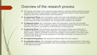 Overview of the research process
 The phases and steps in the research project gives an overview of the research process.
Actually there were 5 basic phases involved in conducting research that is assessment
diagnosis planning implementation And evaluation.
 In assessment Phase, the investigators select the topic and identifies a research
problems, formulates the proposal for research project, reviews the literature,
concerning the project and defines the concepts and variable to be studied.
 In diagnosis phase, the investigator states the hypothesis, examines the possible
ethical implications of the research proposal, and reviews pertinent literature and also
identifies the theory, assumptions and limitations of the proposal.
 In planning Phase, the researcher describes the research design and methods of
research including sampling, data collection, instruments to be used and method of
data analysis, obtains informed consent from subjects to be studied in the pilot study,
conducts the study, and revises proposals in the light of findings, and plans how to
communicate findings.
 In implementing phase, the researcher collects data from the subjects.
 In evaluation phase, the investigator performs analyses and interpretation of the data
collected from the target population and communicates the following as per plan made
in the planning phase.
 
