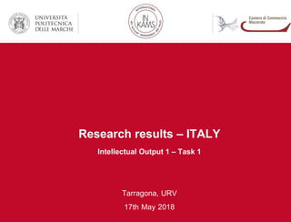 1
1
Research results – ITALY
Intellectual Output 1 – Task 1
Tarragona, URV
17th May 2018
 