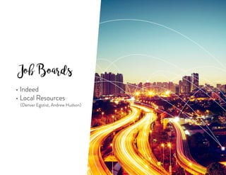 JobBoards
• Indeed
• Local Resources
(Denver Egotist, Andrew Hudson)
 