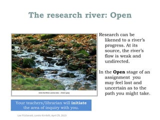 The research river: Open
Research can be
likened to a river’s
progress. At its
source, the river’s
flow is weak and
undirected.
In the Open stage of an
assignment you
may feel lost and
uncertain as to the
path you might take.
Your teachers/librarian will initiate
the area of inquiry with you.
Lee FitzGerald, Loreto Kirribilli, April 29, 2013

 