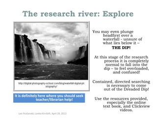 The research river: Explore
You may even plunge
headfirst over a
waterfall - unsure of
what lies below it –
THE DIP!
At this stage of the research
process it is completely
normal to fall into the
dip – to feel overloaded,
and confused!
Contained, directed searching
is necessary to come
out of the Dreaded Dip!
It is definitely here where you should seek
teacher/librarian help!

Lee FitzGerald, Loreto Kirribilli, April 29, 2013

Use the resources provided,
especially the online
text book, and Clickview
videos.

 