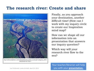 The research river: Create and share
Finally, as you approach
your destination, another
difficult time! (How can I
work with my inquiry circle
to create our Inspiration
mind map?
How can we shape all our
information into an
presentation that answers
our inquiry question?
Which way will your
research river flow to the
sea?

Lee FitzGerald, Loreto Kirribilli, April 29, 2013

Your teacher/librarian will help
you with your presentation.

 